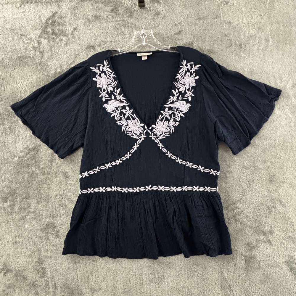 Knox Rose Peplum Blouse Womens XXL Black Embroidered V-Neck‎ Top Short Sleeve